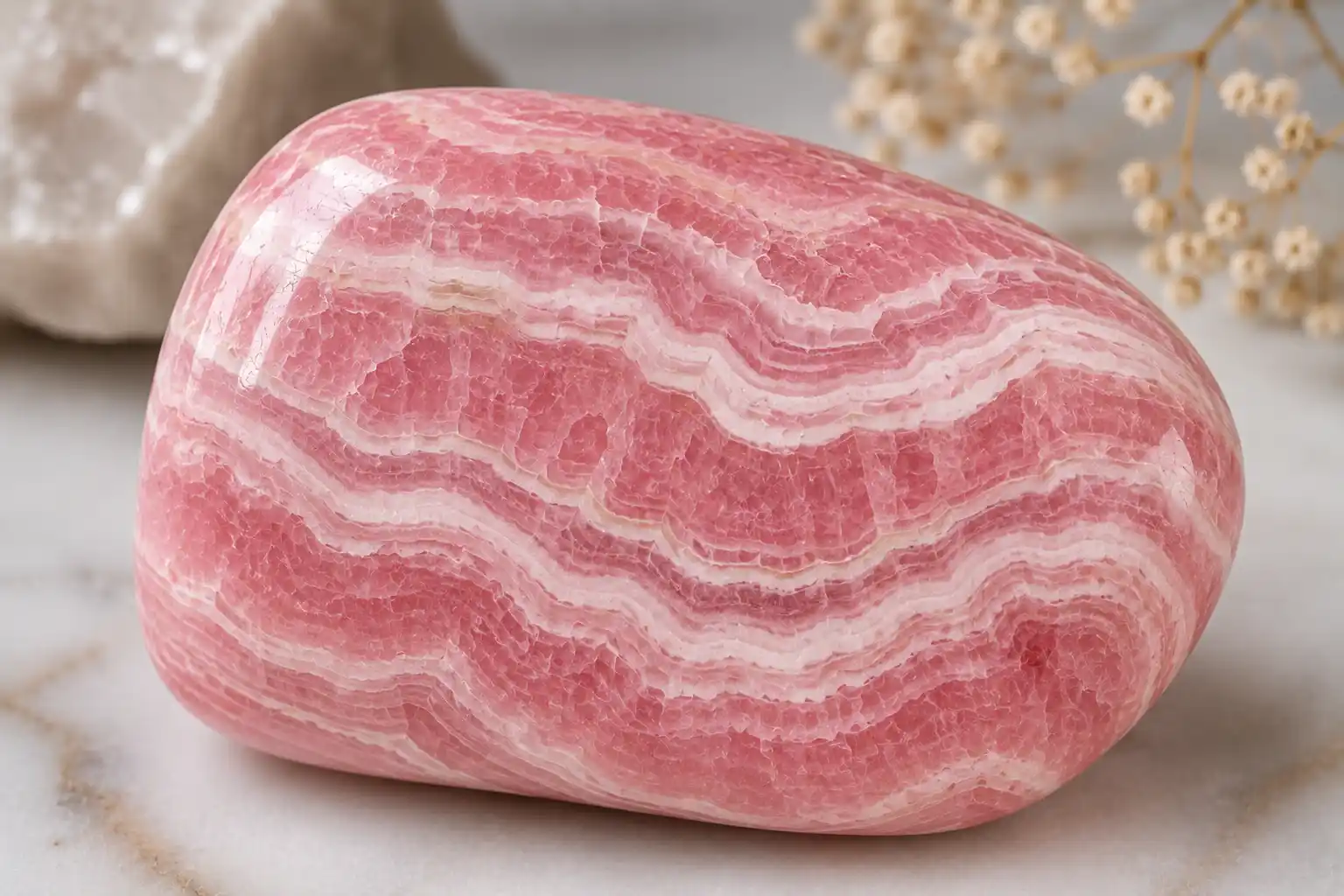 a rose-pink rhodochrosite stone with white banding