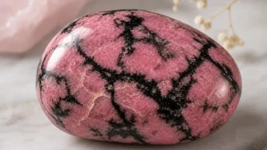 a rose-pink rhodonite stone with black manganese veining