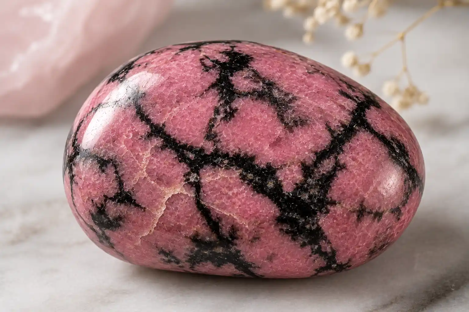 a rose-pink rhodonite stone with black manganese veining