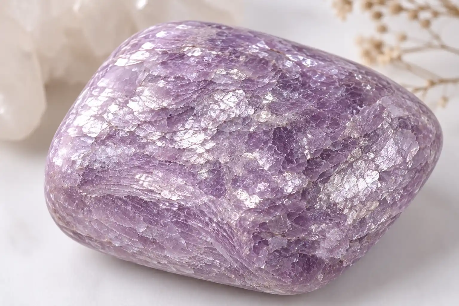 a shimmering lilac lepidolite stone with layered mica texture