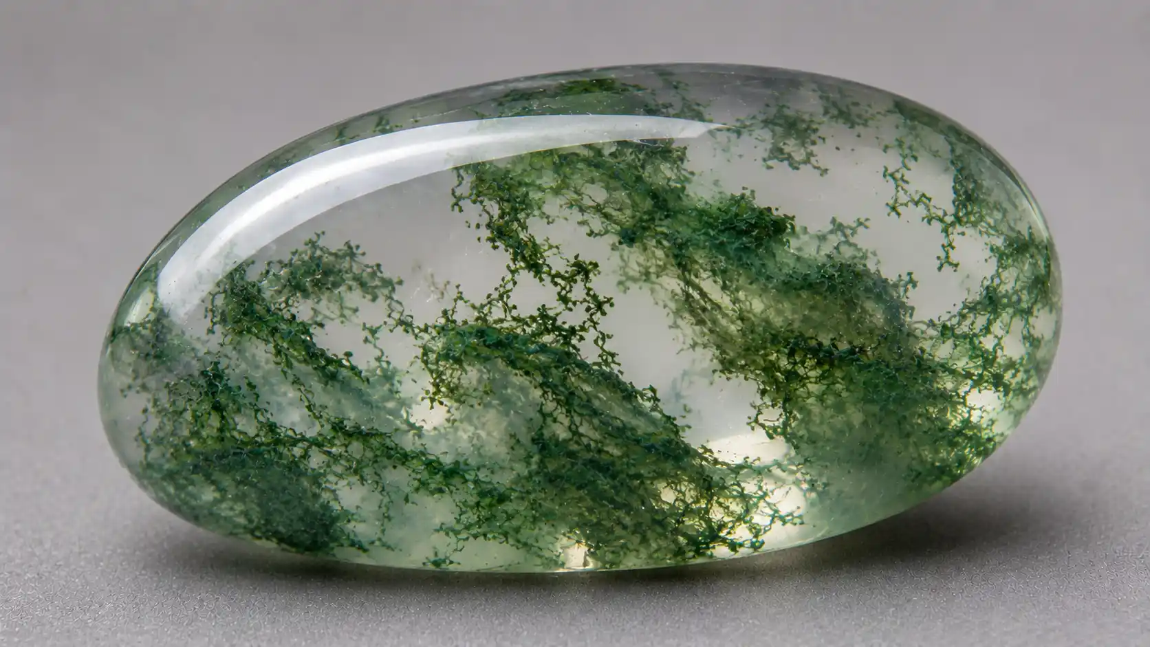 a translucent moss agate with green moss-like inclusions