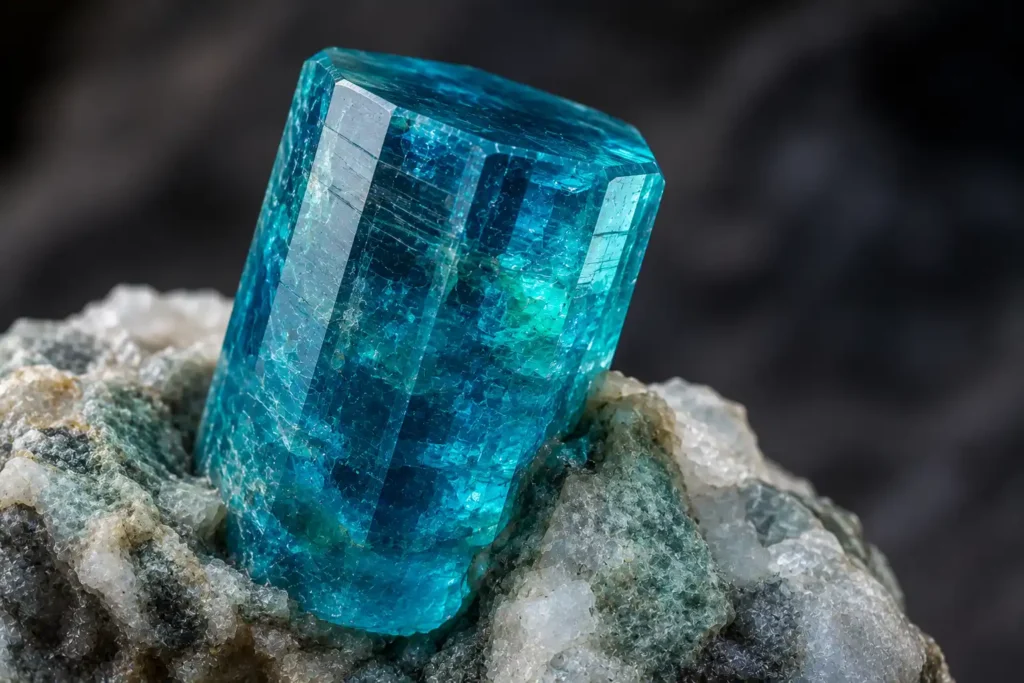 a vivid blue-green apatite crystal