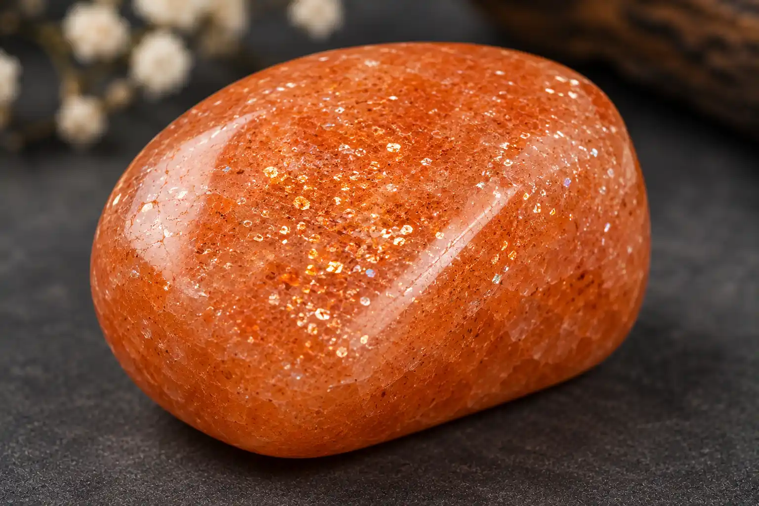 a warm orange sunstone with glittering copper shimmer