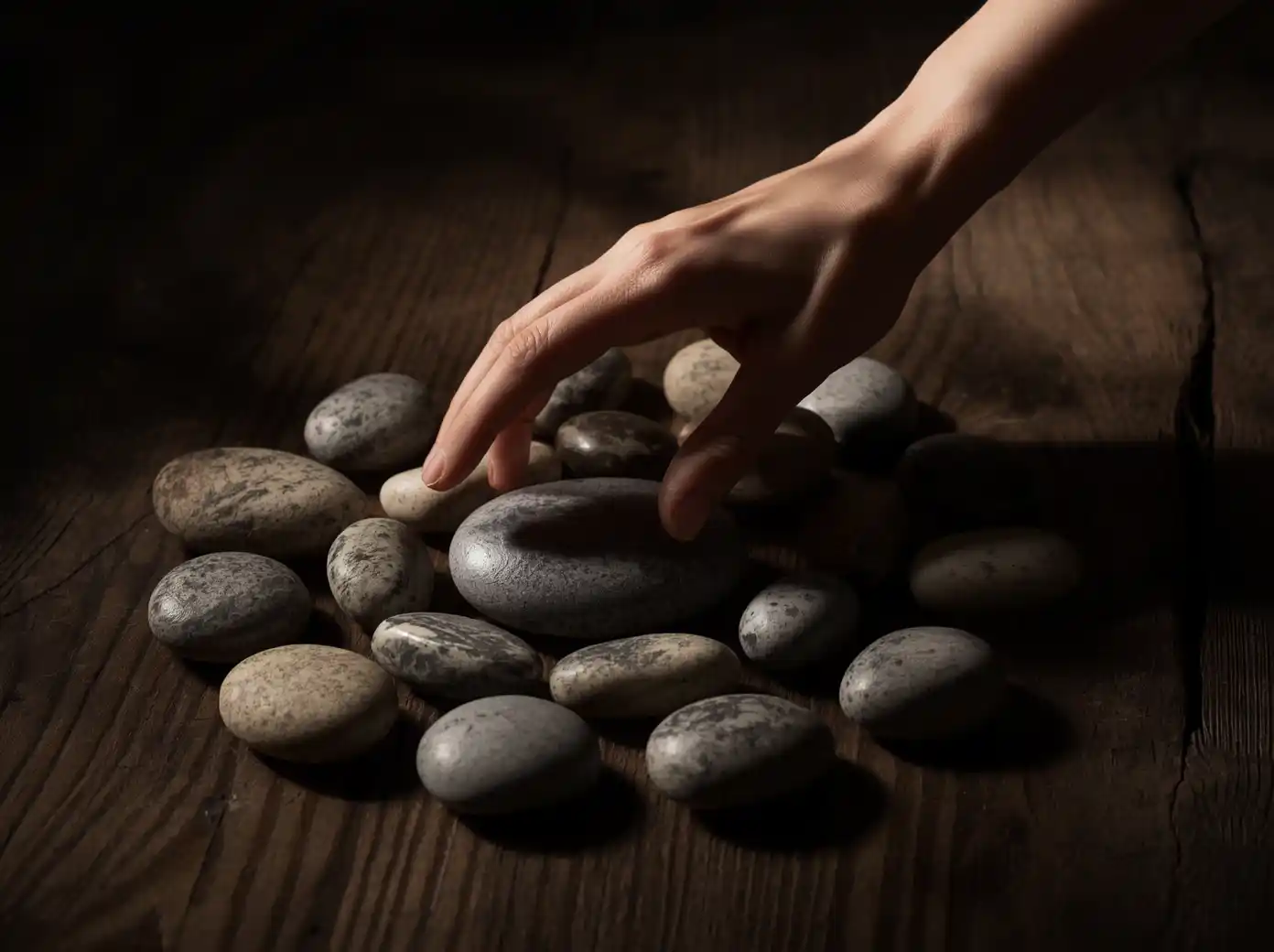 choosing a crystal by intuition from a tray of stones