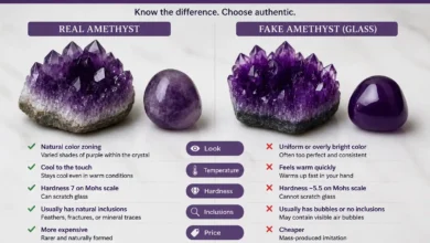 comparing real amethyst with a fake glass imitation