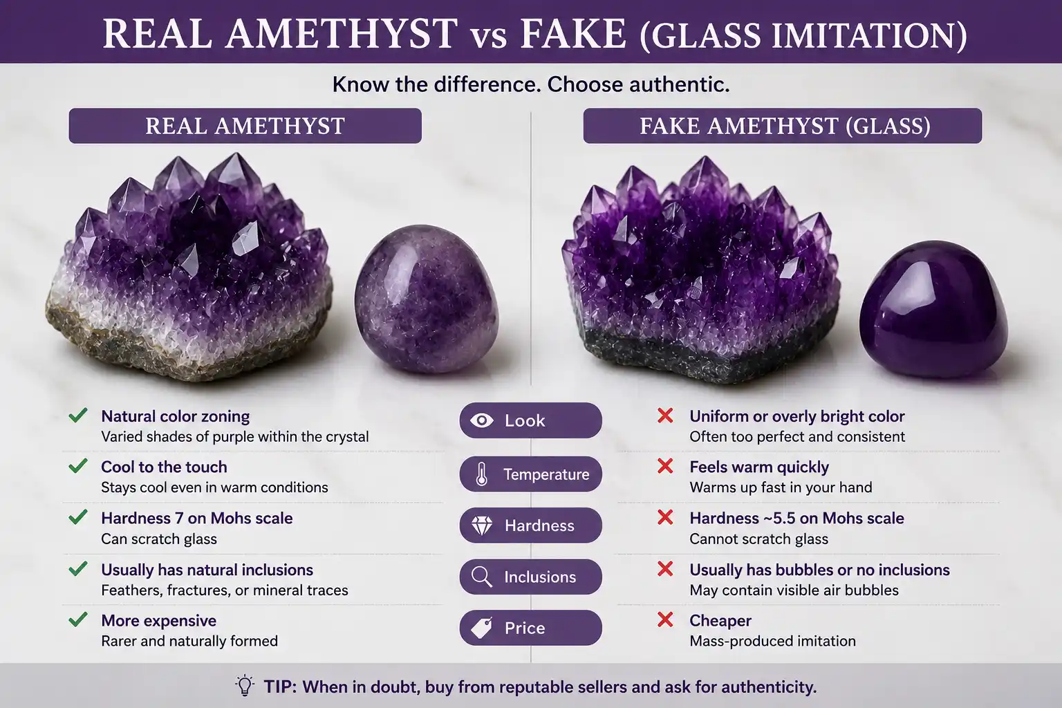 comparing real amethyst with a fake glass imitation