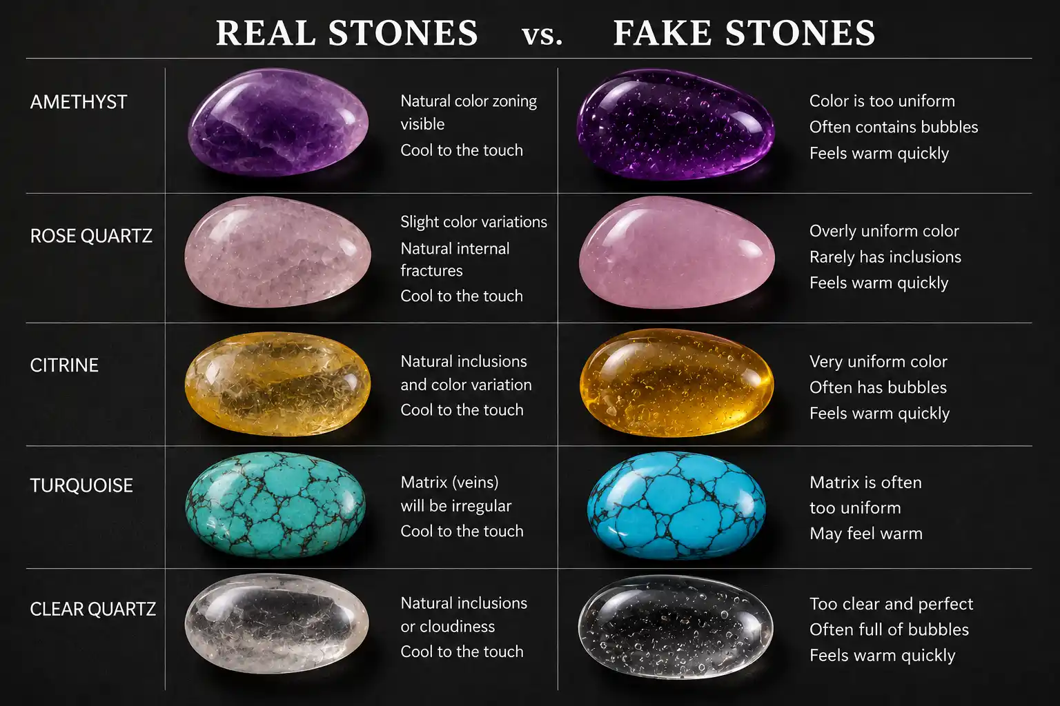 comparing real crystals with common fakes like dyed howlite and glass