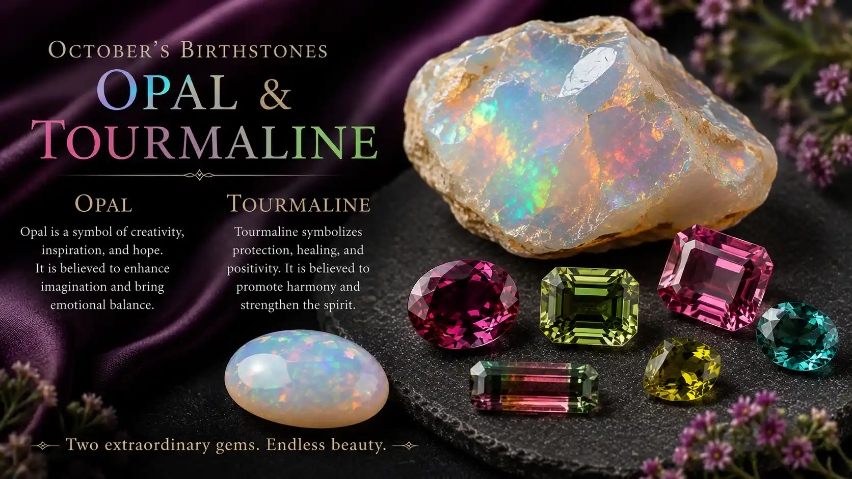 iridescent opal and colorful tourmaline, October's birthstones