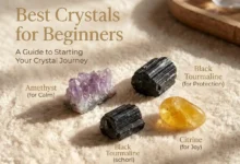 labeled beginner crystals including amethyst, citrine and black tourmaline