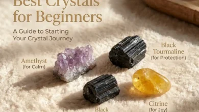 labeled beginner crystals including amethyst, citrine and black tourmaline
