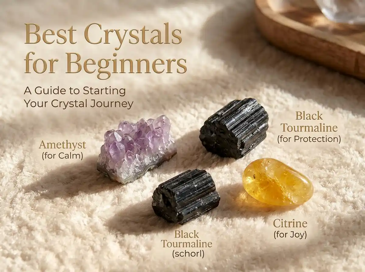 labeled beginner crystals including amethyst, citrine and black tourmaline