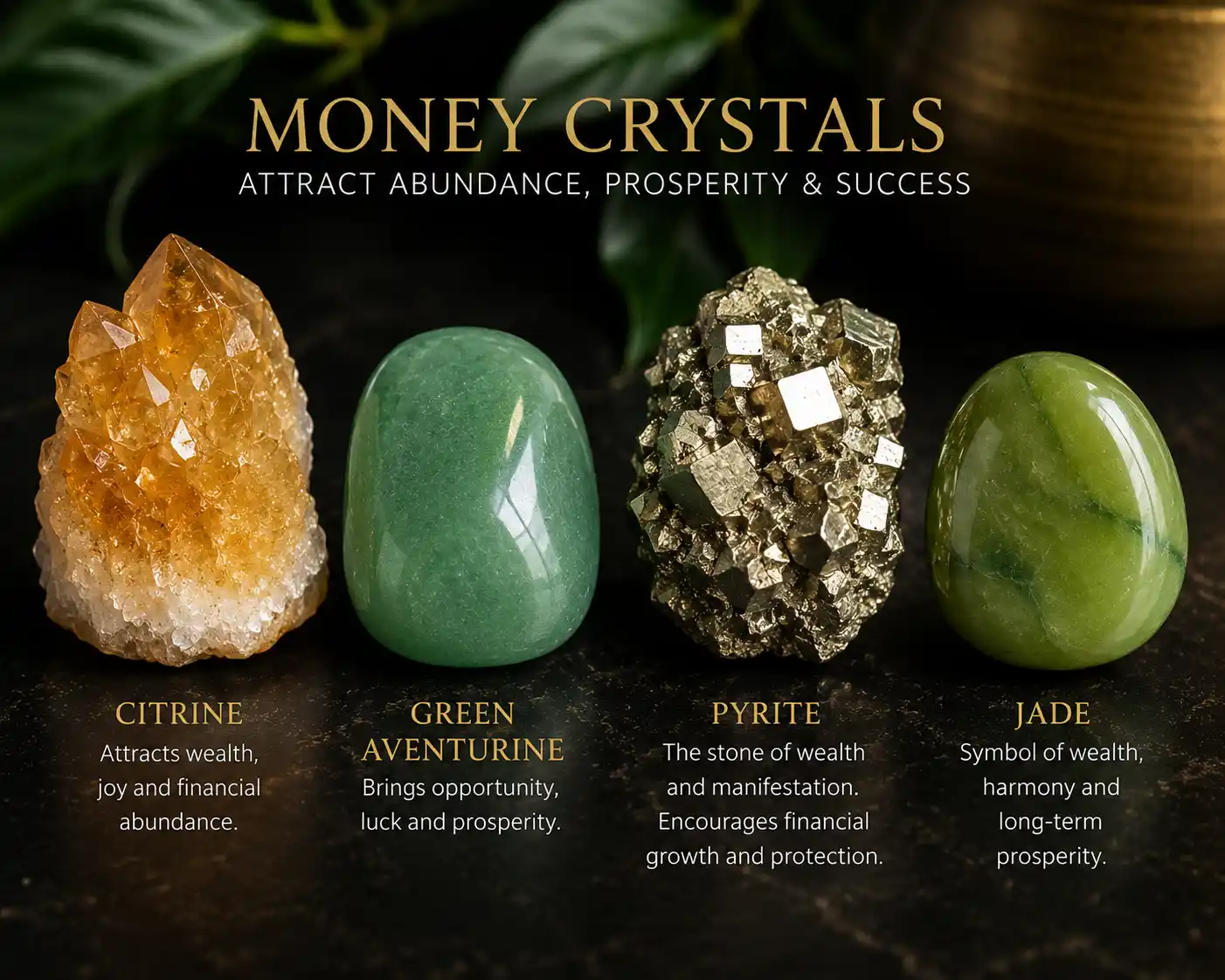 money crystals including citrine, green aventurine, pyrite and jade