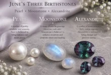 pearl, moonstone and alexandrite, June's three birthstones