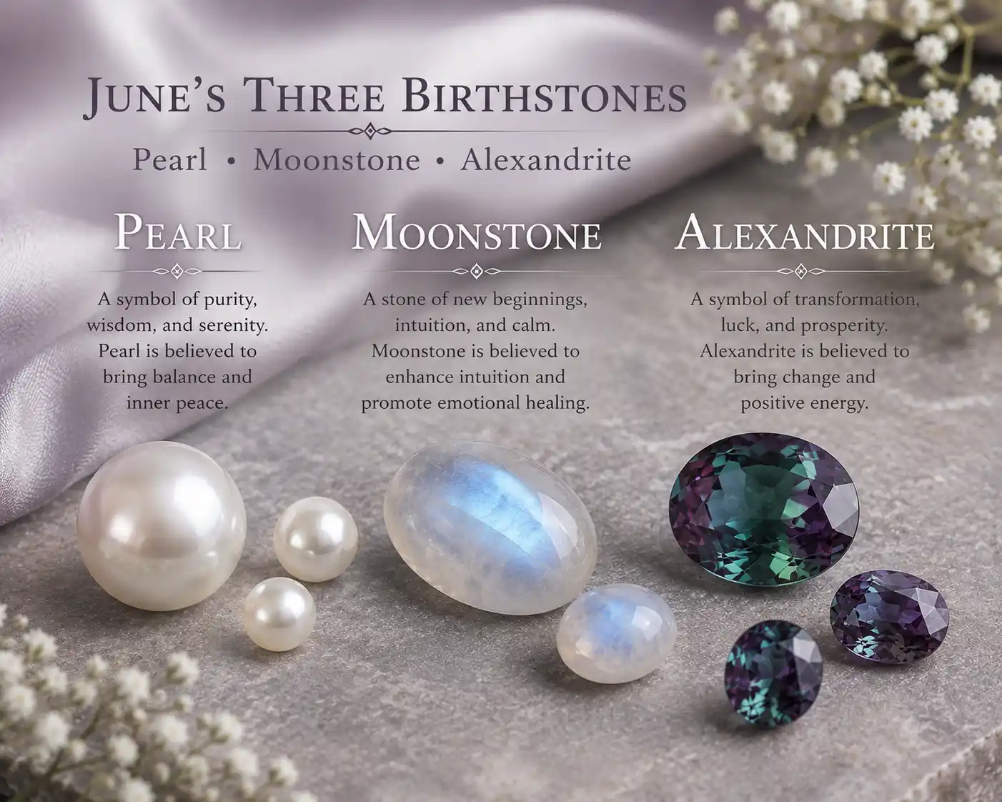 pearl, moonstone and alexandrite, June's three birthstones