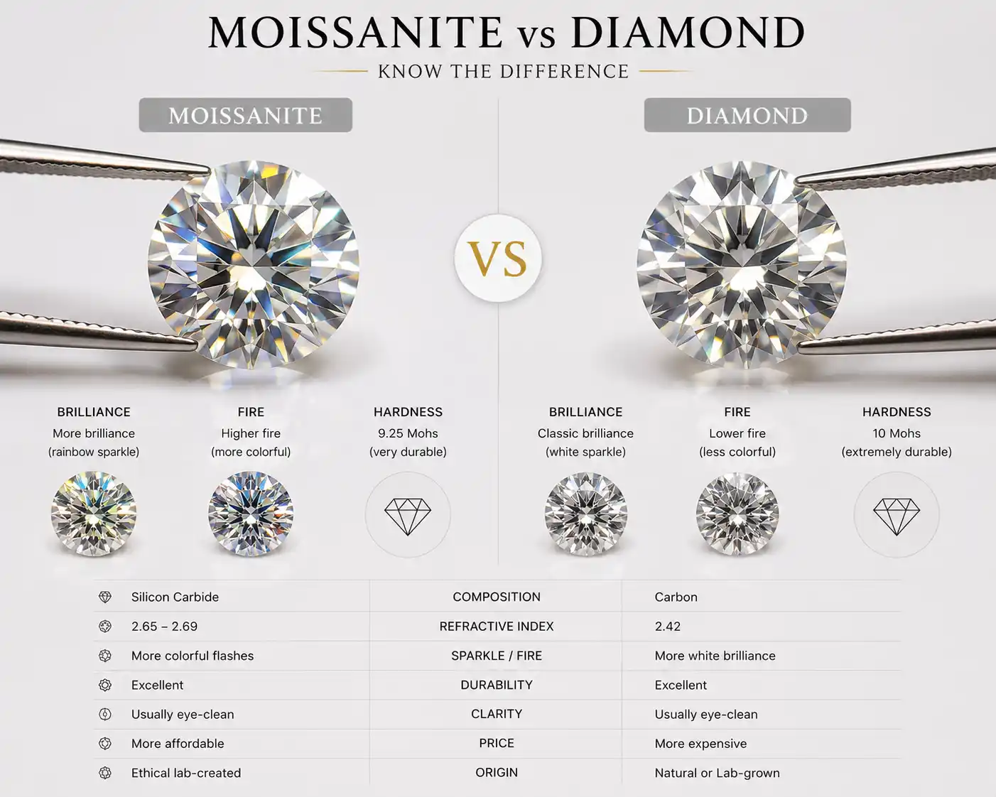 a moissanite and a diamond compared side by side