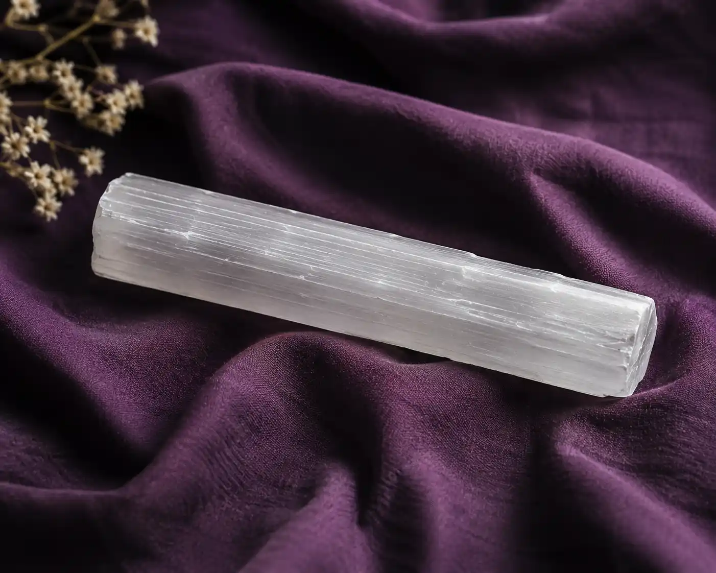 photo of a dry selenite wand on a cloth