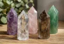 several pointed crystals including a clear quartz point