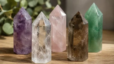 several pointed crystals including a clear quartz point