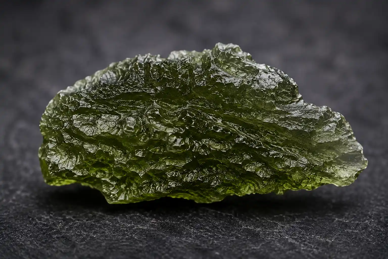 a piece of real moldavite showing etched natural surface texture