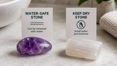 a water-safe crystal beside a water-sensitive crystal that must stay dry