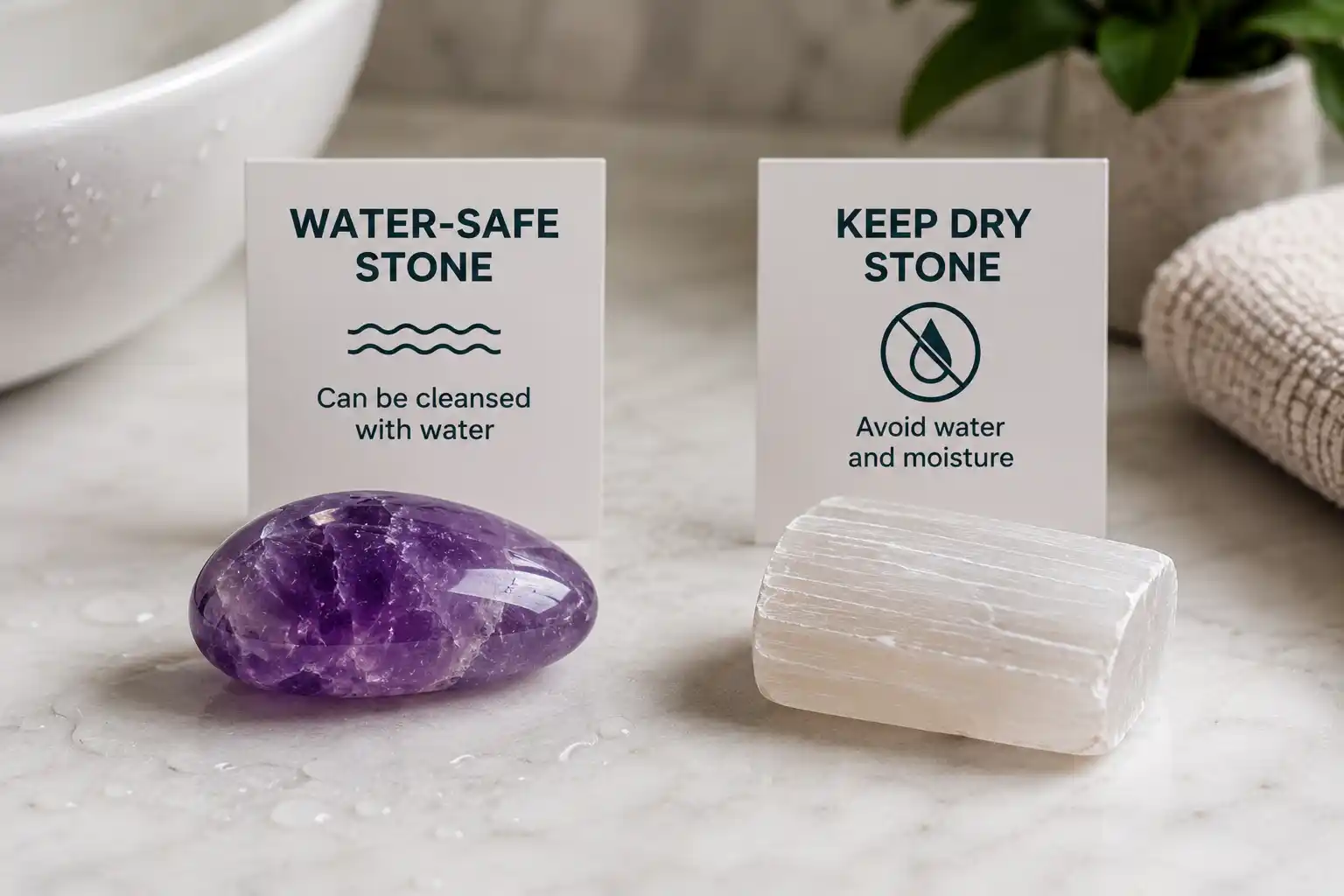 a water-safe crystal beside a water-sensitive crystal that must stay dry