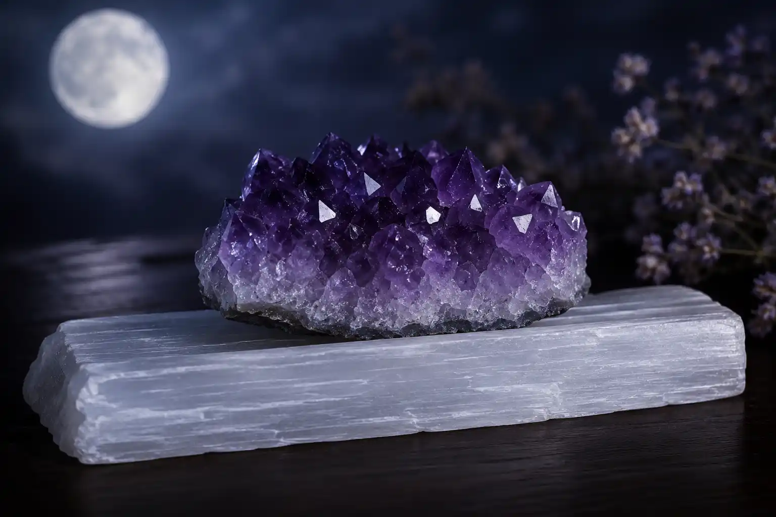 photo of amethyst in moonlight or on selenite