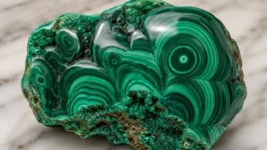 a polished malachite stone with concentric green bands