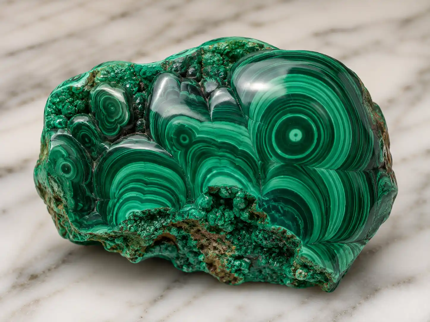 a polished malachite stone with concentric green bands