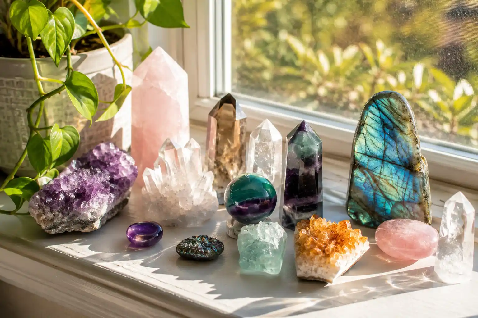 photo of crystals on a sunny windowsill