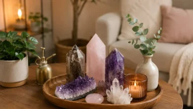 crystals placed on a shelf and table in a living room