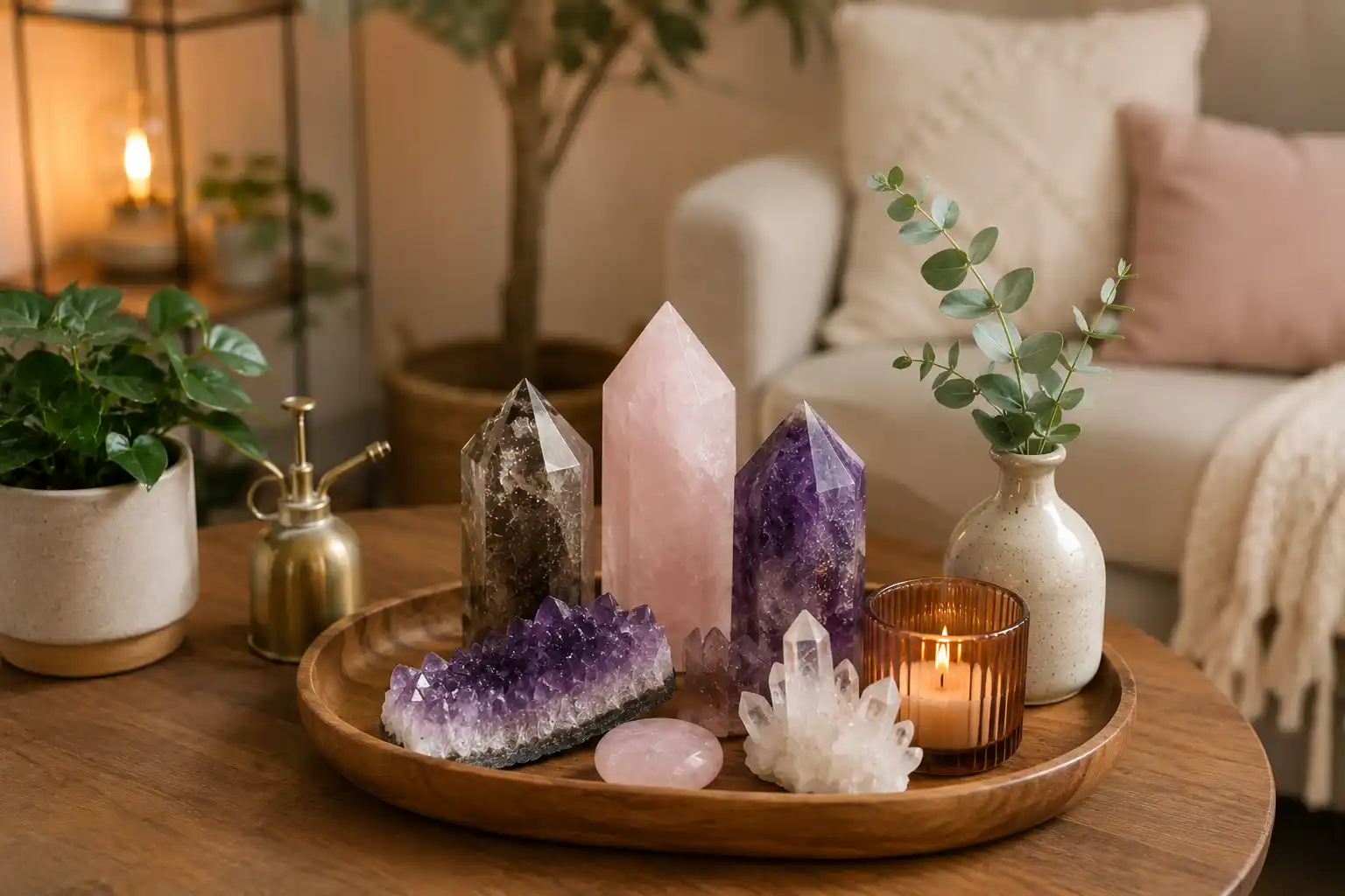crystals placed on a shelf and table in a living room