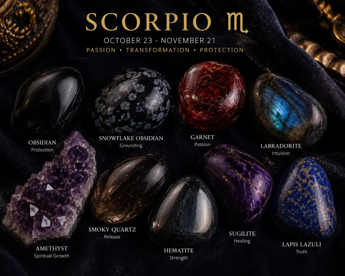 crystals for Scorpio including malachite, obsidian and labradorite