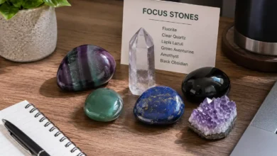 crystals for focus including fluorite, clear quartz and hematite on a desk
