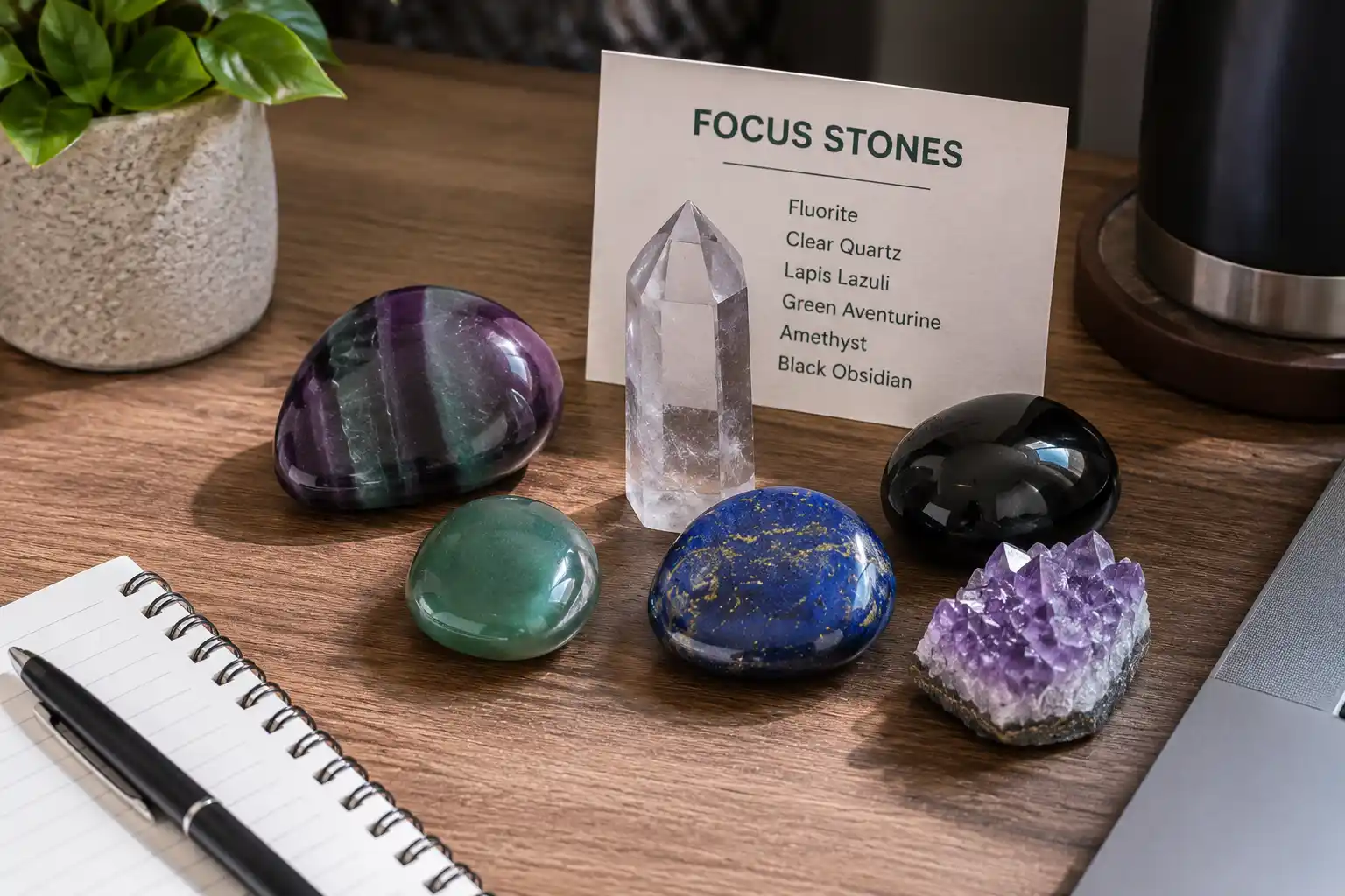 crystals for focus including fluorite, clear quartz and hematite on a desk