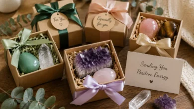 crystals arranged as a birthday gift with ribbon