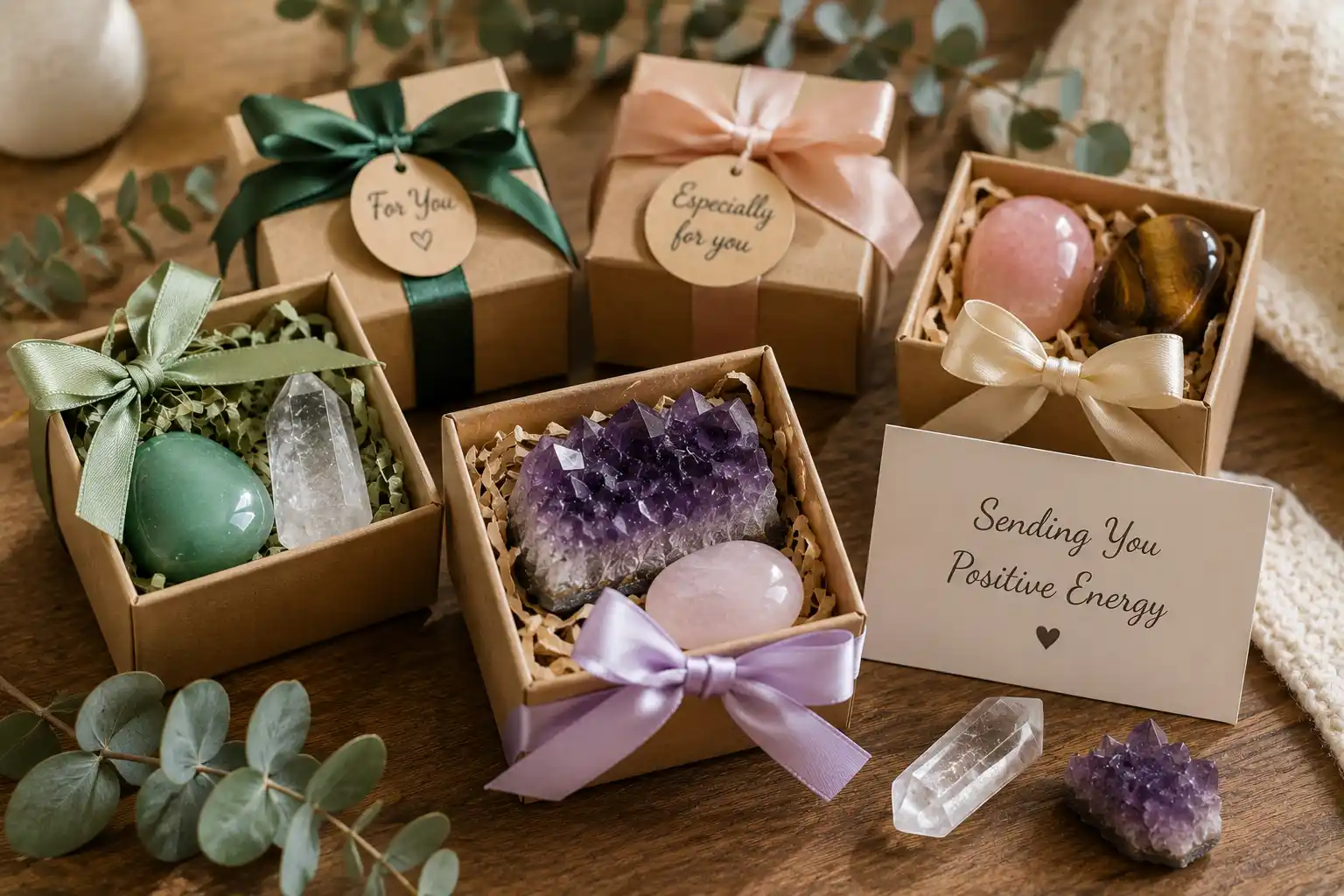 crystals arranged as a birthday gift with ribbon