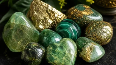crystals for money including citrine, green aventurine and pyrite