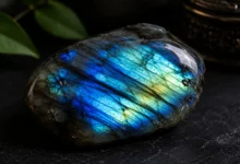 photo of labradorite flashing blue/green