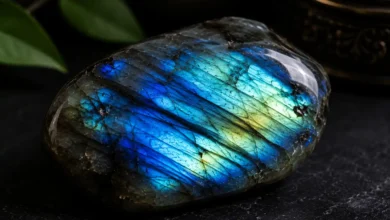 photo of labradorite flashing blue/green