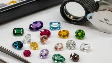 loose gemstones being examined with a jeweler's loupe before buying
