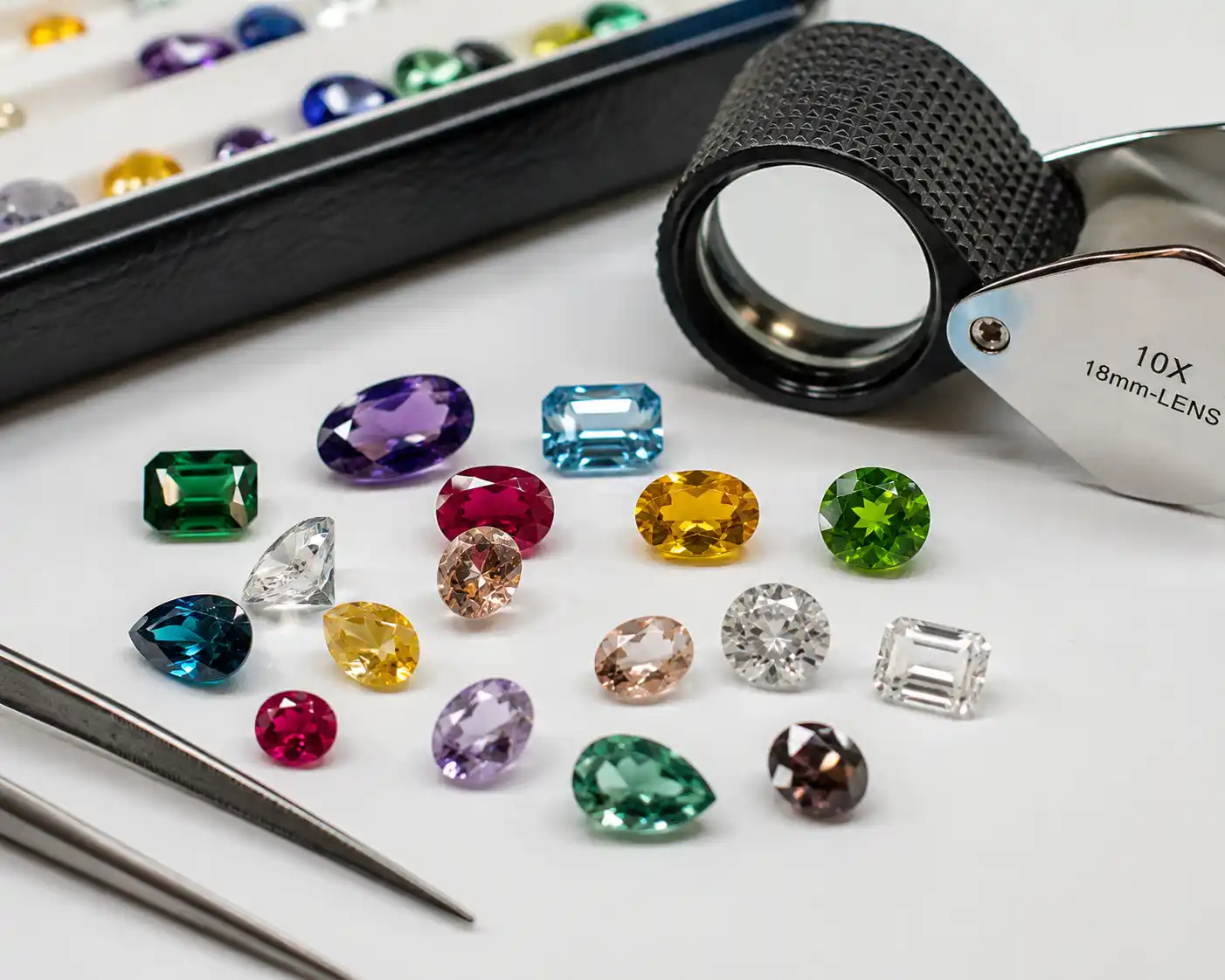 loose gemstones being examined with a jeweler's loupe before buying