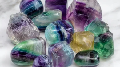 a piece of rainbow fluorite showing green and purple bands