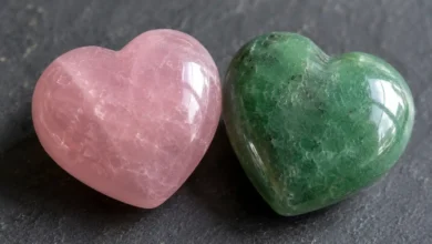 crystals for love including rose quartz, rhodonite and green aventurine