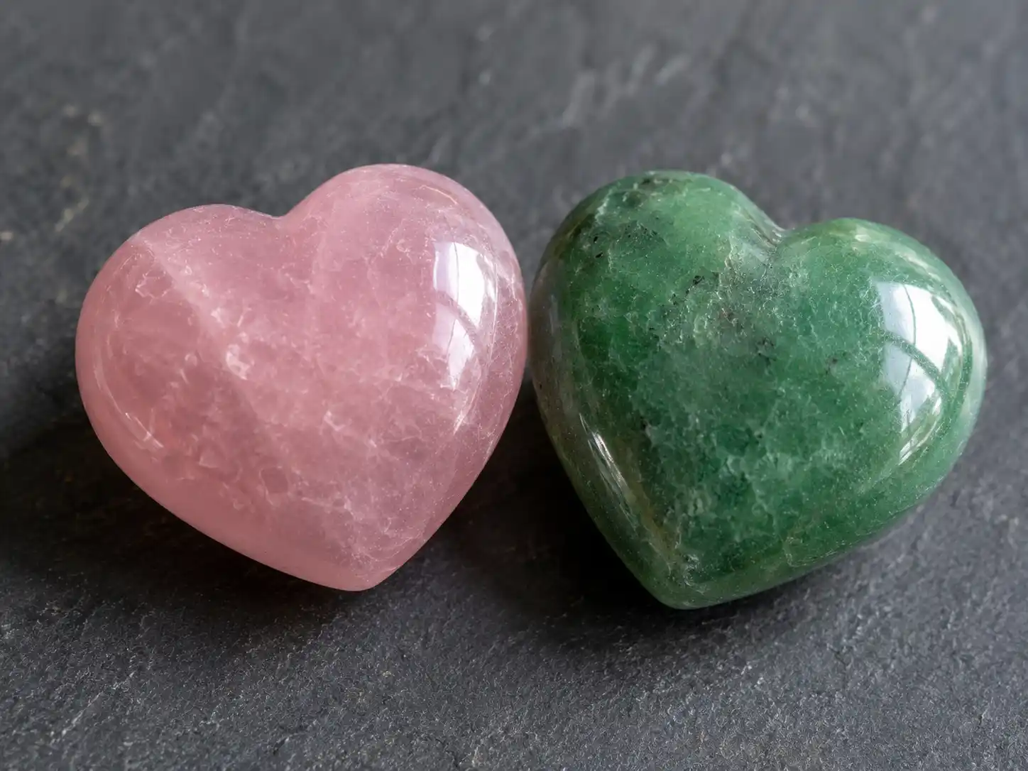 crystals for love including rose quartz, rhodonite and green aventurine