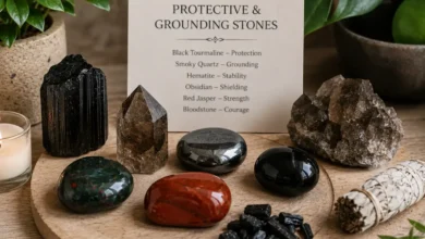 crystals for empaths including black tourmaline, labradorite and hematite
