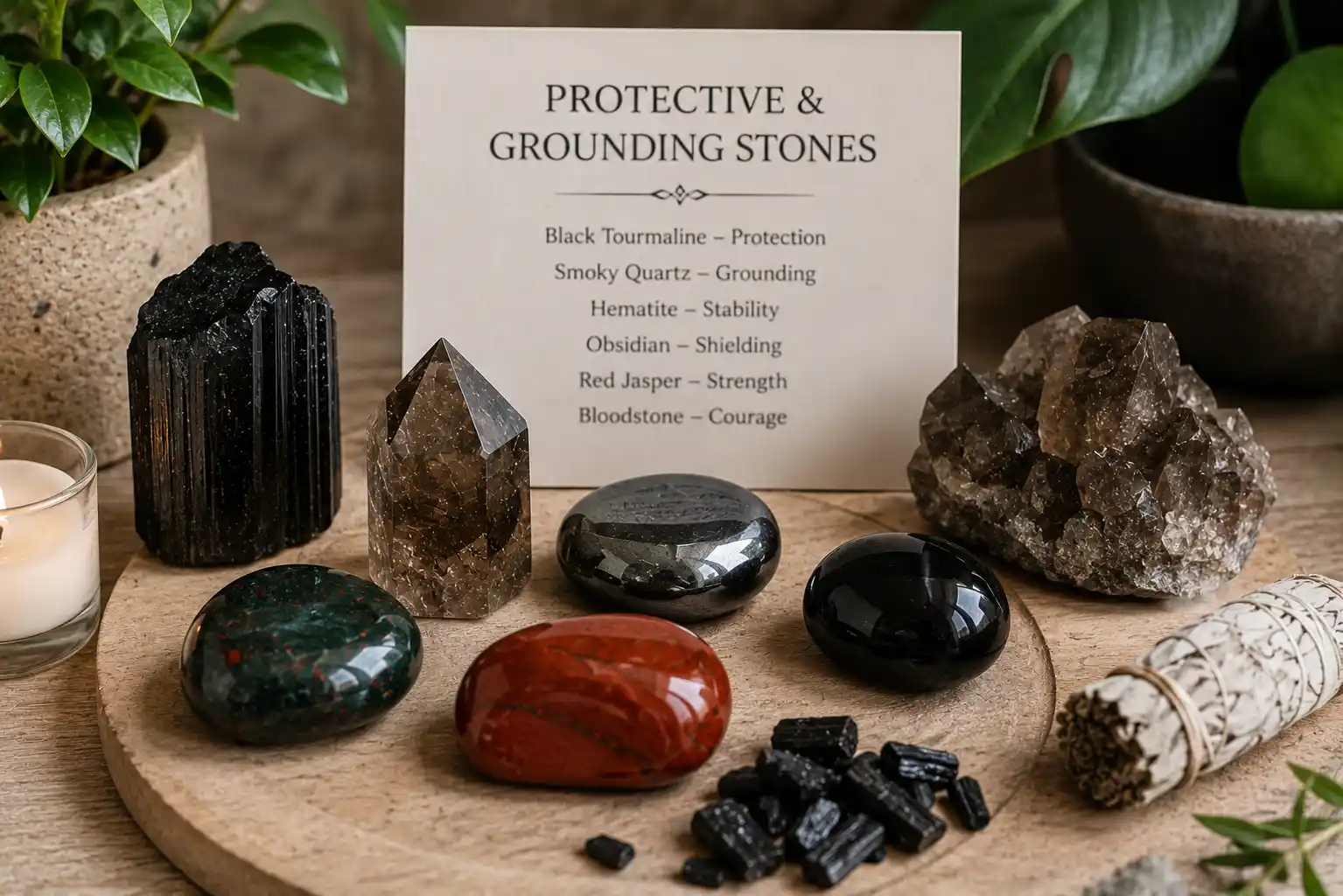 crystals for empaths including black tourmaline, labradorite and hematite