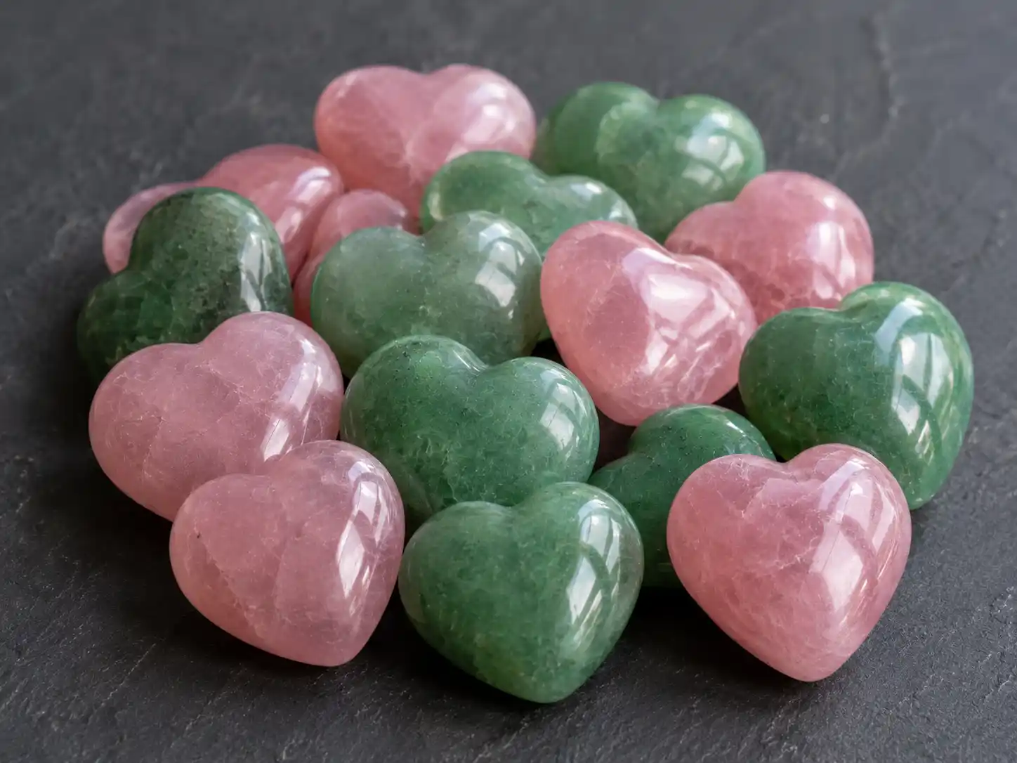 pink and green love stones grouped together