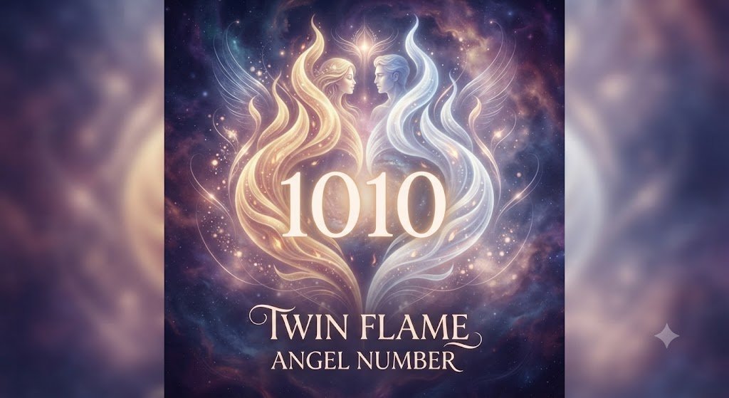 1010 twin flame angel number with a mirrored flame motif