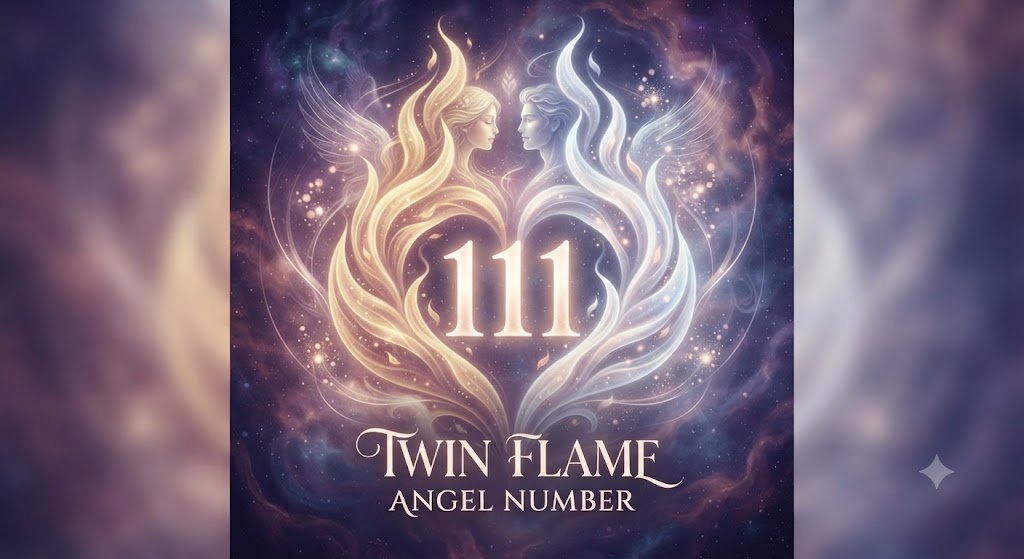 111 twin flame angel number with a mirrored flame motif