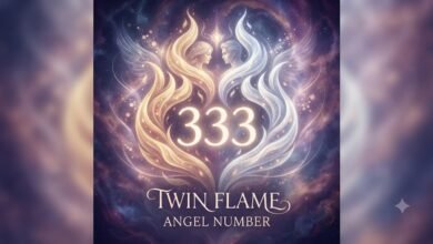 333 twin flame angel number with a mirrored flame motif